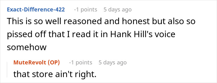 A social media comment about forgetting to pay at Walmart with Hank Hill references. A social media comment about forgetting to pay at Walmart with Hank Hill references.