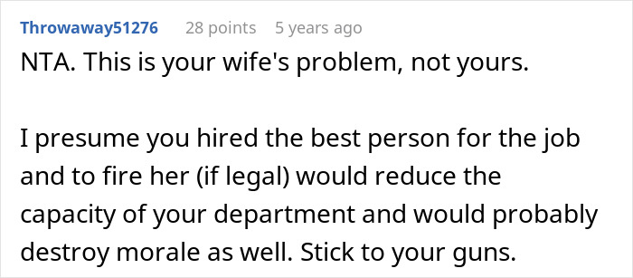 A Reddit comment saying the husband is not the a*****e, discussing his wife and assistant A Reddit comment saying the husband is not the a*****e, discussing his wife and assistant
