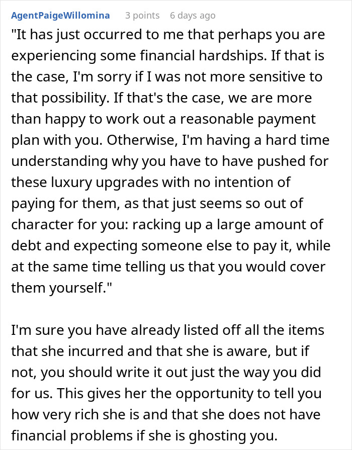 Comment discussing financial hardships and luxury wedding upgrades by groom's stepmom
