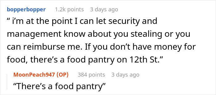 A screenshot of online comments giving advice on how to handle a coworker who steals food. A screenshot of online comments giving advice on how to handle a coworker who steals food.