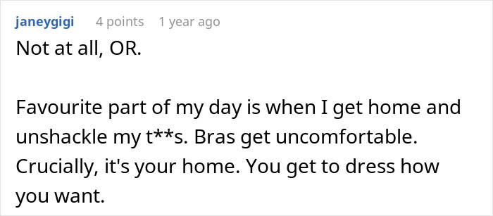 A user comment saying women can dress as they want at home after MIL shames DIL for not wearing a bra.