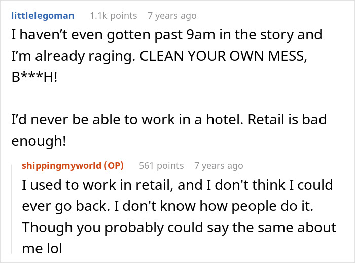 A text comment about a bridezilla ruins hotel rooms and how hard it is to work in hospitality.