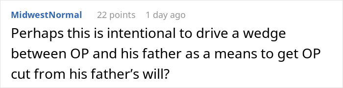 Comment speculating stepmom's intent to cause family conflict and cut son from father's will
