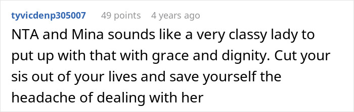 Social media comment advising to cut off toxic sister after she criticized how she dresses. Social media comment advising to cut off toxic sister after she criticized how she dresses.