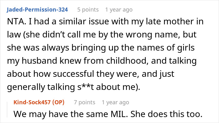 Comment thread about a MIL talking badly about her DIL and getting her DIL name wrong. Comment thread about a MIL talking badly about her DIL and getting her DIL name wrong.