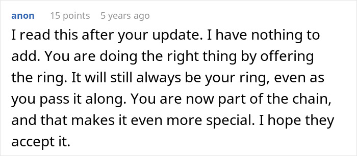 Online comment encouraging someone returning an ex-husband family heirloom. Online comment encouraging someone returning an ex-husband family heirloom.