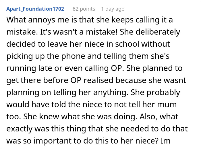 A comment calling out an aunt who leaves 8YO niece alone at school and lies about her actions. A comment calling out an aunt who leaves 8YO niece alone at school and lies about her actions.