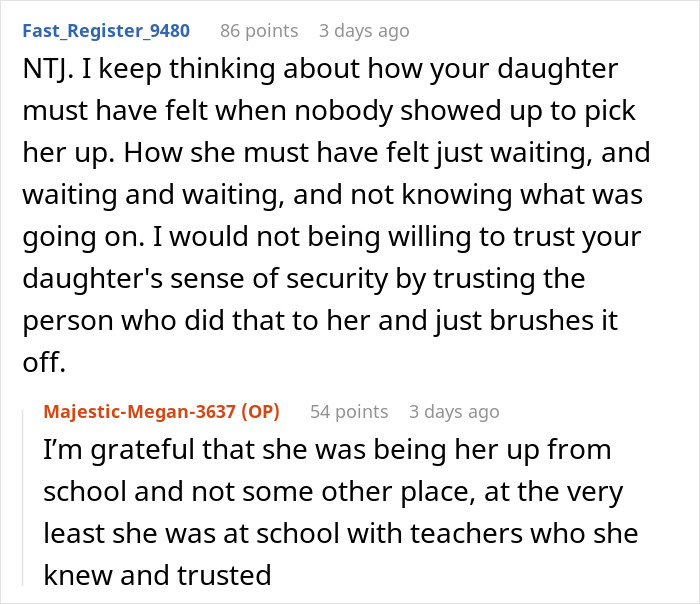 Reddit comment discussing an aunt leaves 8YO niece alone at school after missing pickup. Reddit comment discussing an aunt leaves 8YO niece alone at school after missing pickup.