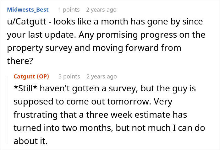 User discussing delays in getting a property survey after an entitled neighbor cuts down their tree. User discussing delays in getting a property survey after an entitled neighbor cuts down their tree.