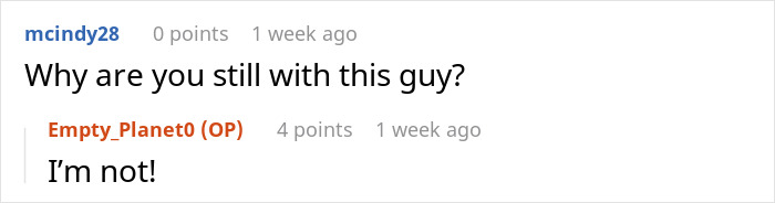 Reddit comment confirming girlfriend left her boyfriend who got a large dog while she recovers from surgery