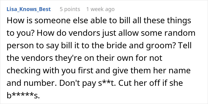 Comment questioning vendors billing bride and groom for stepmom expenses
