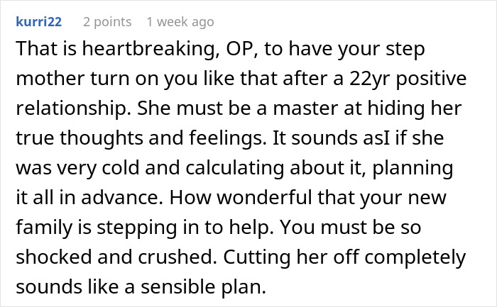 Comment about stepmother's betrayal and cutting her off