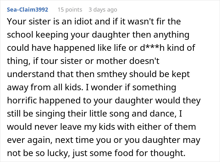 An online comment criticizing the aunt who left her 8YO niece alone at school and risked her safety. An online comment criticizing the aunt who left her 8YO niece alone at school and risked her safety.
