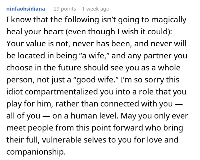 Comment encouraging woman to see value beyond wife role after husband's dating app betrayal