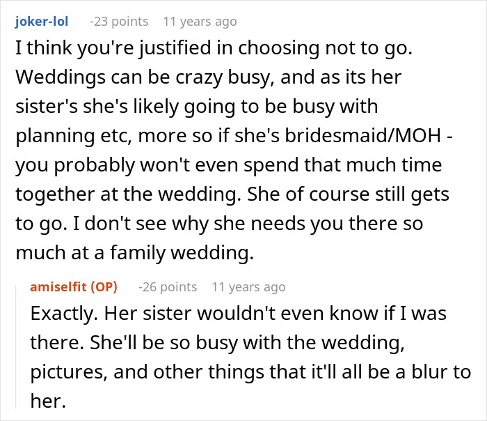 User comment justifying choosing an Australia trip over SIL's wedding, highlighting how busy the bride will be. User comment justifying choosing an Australia trip over SIL's wedding, highlighting how busy the bride will be.
