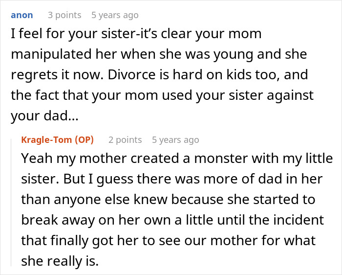 Reddit comment about how a mother manipulated a jealous sis against her dad Reddit comment about how a mother manipulated a jealous sis against her dad