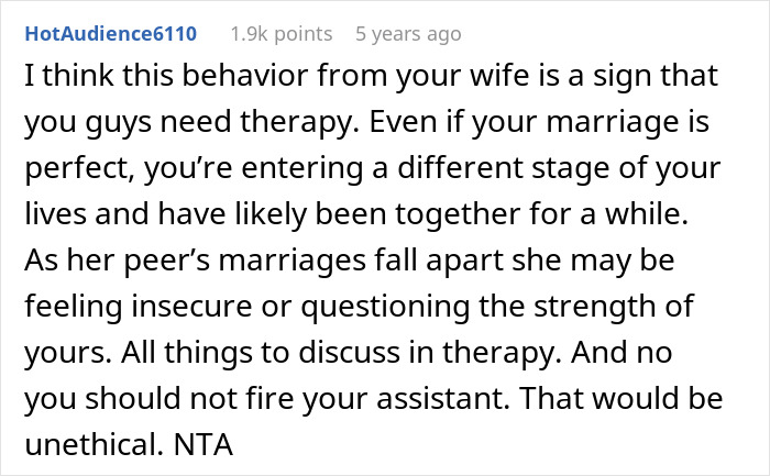 Advice from a Reddit user saying firing an assistant over insecurity is unethical Advice from a Reddit user saying firing an assistant over insecurity is unethical