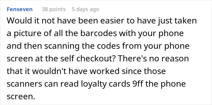 A comment about using a phone to scan barcodes at Walmart checkout. A comment about using a phone to scan barcodes at Walmart checkout.