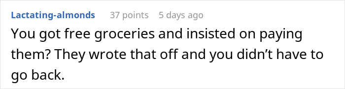 A social media comment suggesting keeping free groceries from Walmart. A social media comment suggesting keeping free groceries from Walmart.