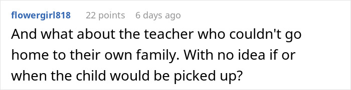 Social media comment about how leaving a child alone at school impacts teachers and school staff. Social media comment about how leaving a child alone at school impacts teachers and school staff.