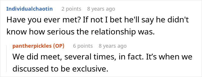Reddit comments clarifying relationship exclusivity details after a woman dumps cheater BF. Reddit comments clarifying relationship exclusivity details after a woman dumps cheater BF.