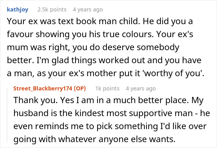 Reddit user comments praising the outcome of a petty revenge story about an ex-fiance.