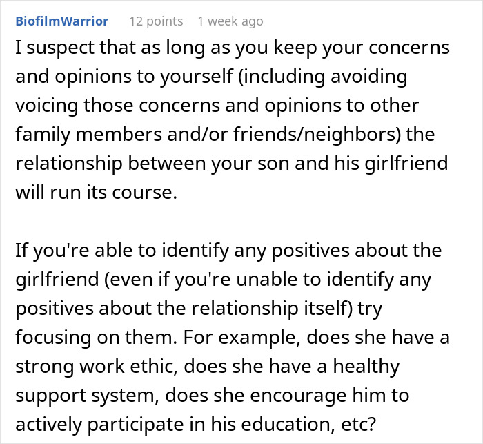 An online user advises patience for a mom losing sleep after finding out who her son's GF is. An online user advises patience for a mom losing sleep after finding out who her son's GF is.