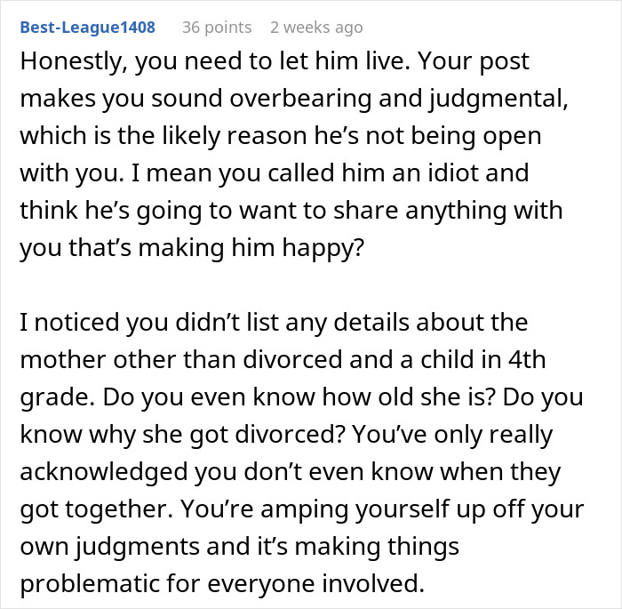 Reddit comment calling out a mom losing sleep for being judgmental and overbearing about her son's GF. Reddit comment calling out a mom losing sleep for being judgmental and overbearing about her son's GF.