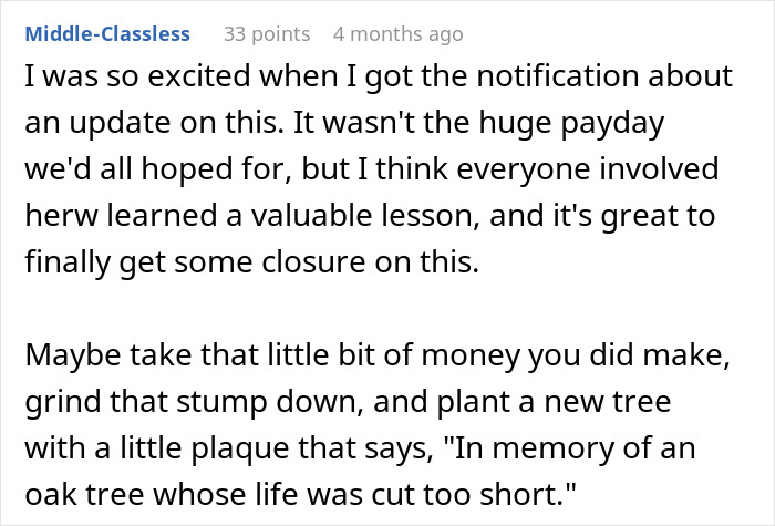 Online feedback suggesting to plant a new tree after entitled neighbor cuts down oak tree. Online feedback suggesting to plant a new tree after entitled neighbor cuts down oak tree.