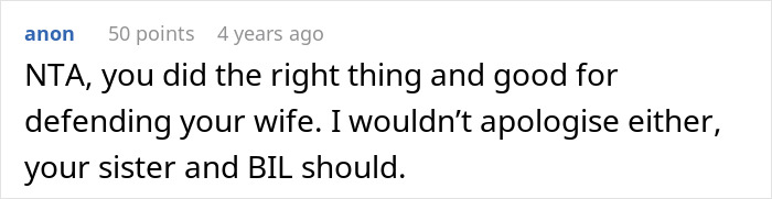 Reddit comment on a post about brother defends wife from sister who tries to control his wife. Reddit comment on a post about brother defends wife from sister who tries to control his wife.