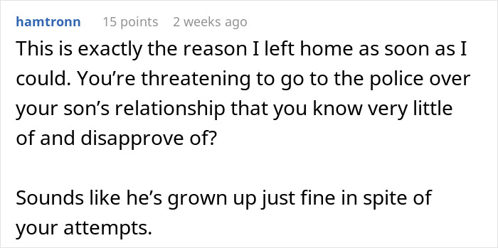 User comment criticizing a mom for overreacting to her 19-year-old son's girlfriend. User comment criticizing a mom for overreacting to her 19-year-old son's girlfriend.