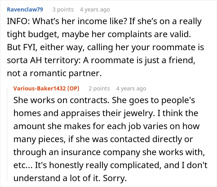 An online comment discussion clarifying a partner's income from doing freelance jewelry appraisal contracts. An online comment discussion clarifying a partner's income from doing freelance jewelry appraisal contracts.