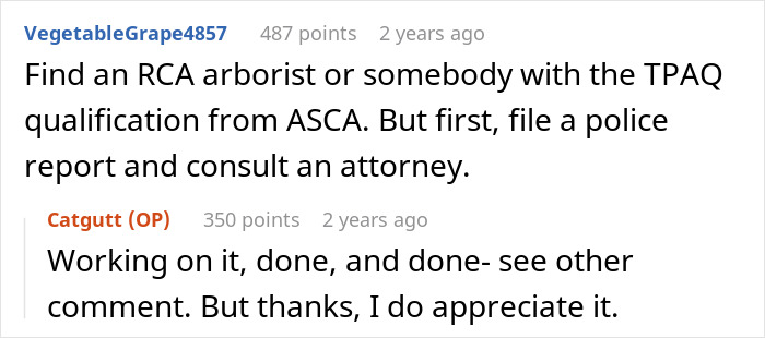 Reddit advice on consulting an arborist and attorney after an entitled neighbor cuts down an oak tree. Reddit advice on consulting an arborist and attorney after an entitled neighbor cuts down an oak tree.