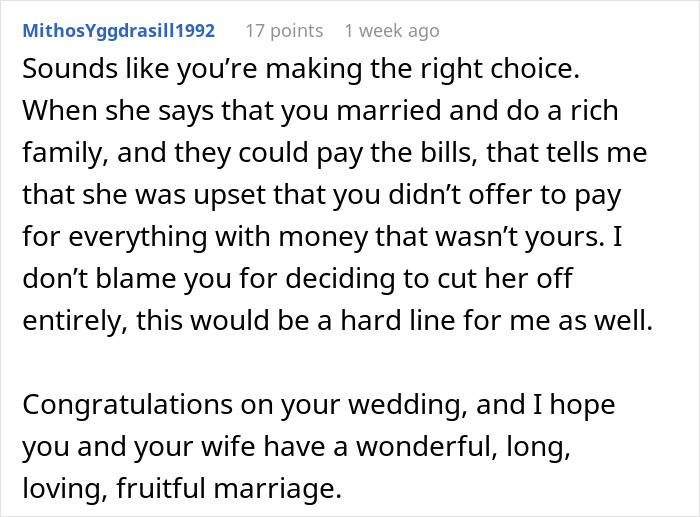 Comment on groom's stepmom spending $6,400 on wedding luxuries leaving son with bills