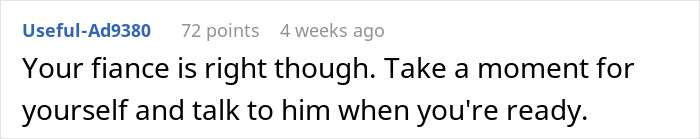 A supportive user comment mentioning the fiance after a guy waited 20 years to tell bestie he loves her A supportive user comment mentioning the fiance after a guy waited 20 years to tell bestie he loves her