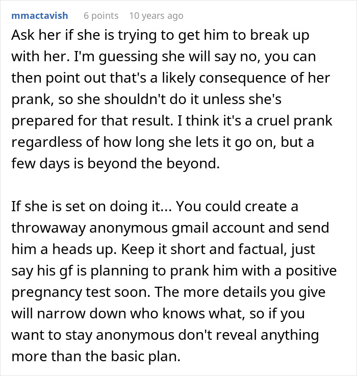 A comment proposing sending an anonymous email to warn the boyfriend about the fake pregnancy prank. A comment proposing sending an anonymous email to warn the boyfriend about the fake pregnancy prank.