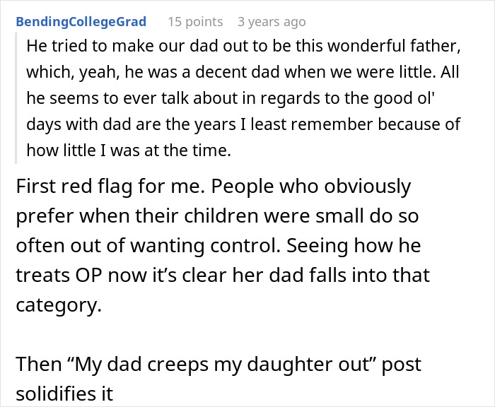 Insightful comment about a father wanting control, highlighting a woman trying to set a clear boundary with her dad. Insightful comment about a father wanting control, highlighting a woman trying to set a clear boundary with her dad.