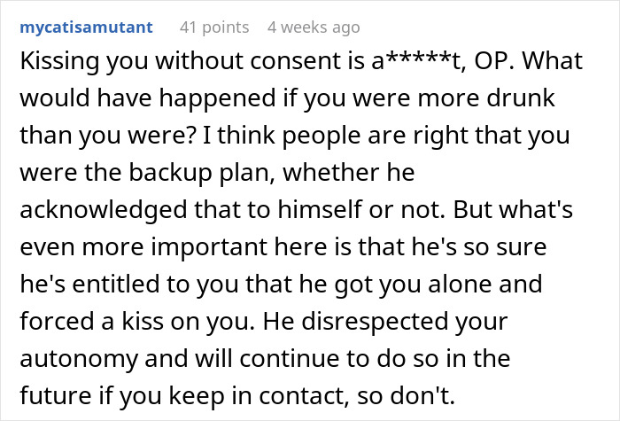 A comment about kissing without consent in a thread about a guy who waits 20 years to tell bestie he loves her. A comment about kissing without consent in a thread about a guy who waits 20 years to tell bestie he loves her.