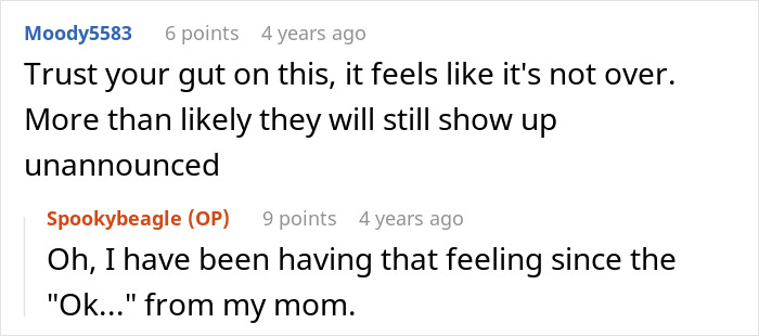 A comment thread warning that family might show up unannounced despite setting a clear boundary. A comment thread warning that family might show up unannounced despite setting a clear boundary.