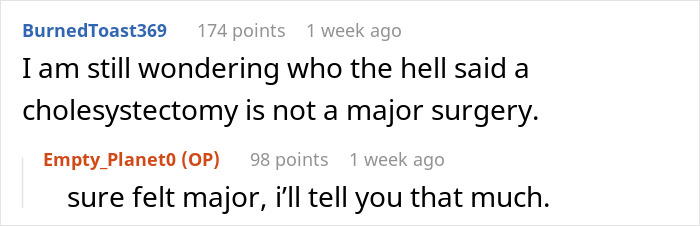 Reddit comment discussion about recovery from a major surgery like cholecystectomy.