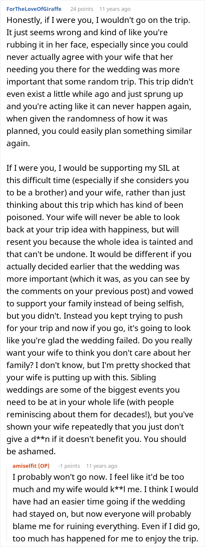 Reddit discussion about prioritizing an Australia trip over attending SIL's wedding. Reddit discussion about prioritizing an Australia trip over attending SIL's wedding.