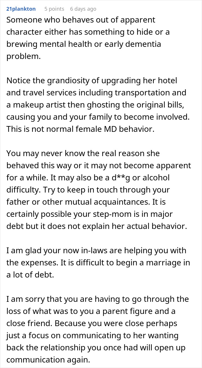 Detailed comment on stepmom's lavish wedding expenses and mental health concerns