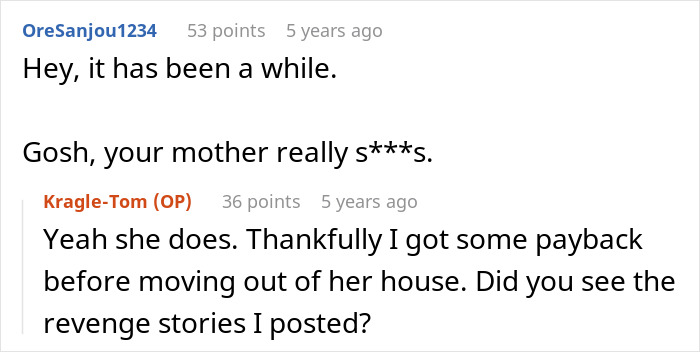 A Reddit reply mentioning payback and revenge stories after a teen works to buy first car. A Reddit reply mentioning payback and revenge stories after a teen works to buy first car.