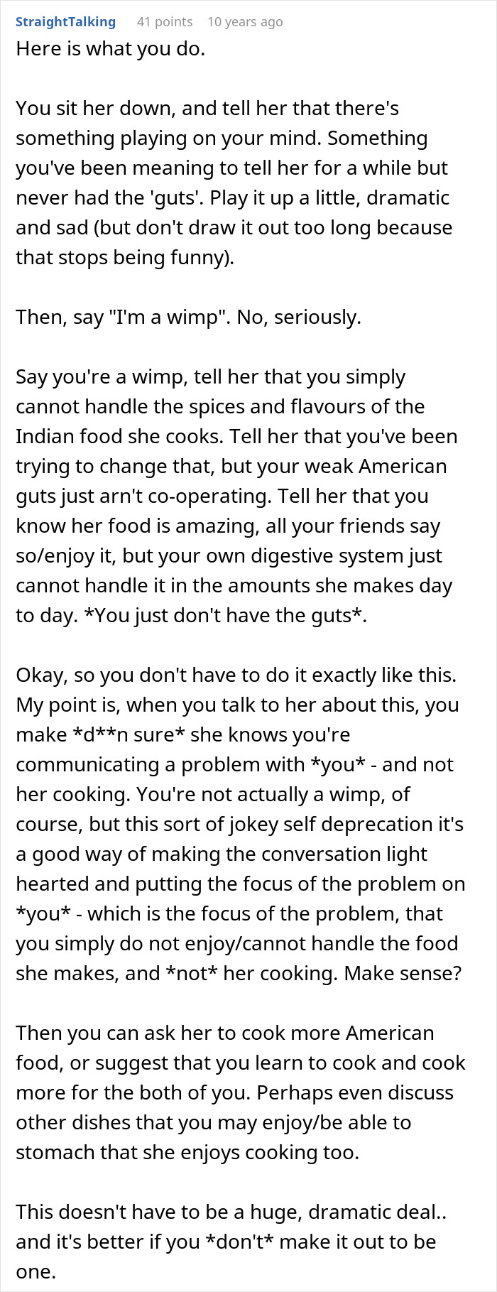 Reddit post giving advice on speaking with a spouse about a dislike for her cultural cuisine. Reddit post giving advice on speaking with a spouse about a dislike for her cultural cuisine.