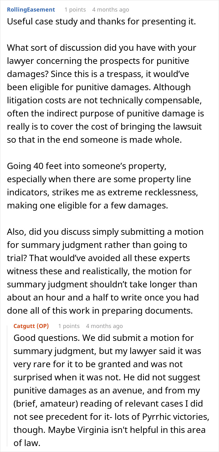 A detailed discussion on a forum regarding legal damages and summary judgment for property trespass. A detailed discussion on a forum regarding legal damages and summary judgment for property trespass.