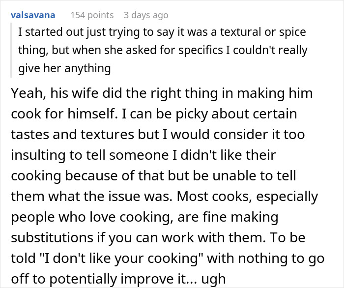 A comment about a husband's dislike for his wife's cultural cuisine and relationship dynamic. A comment about a husband's dislike for his wife's cultural cuisine and relationship dynamic.