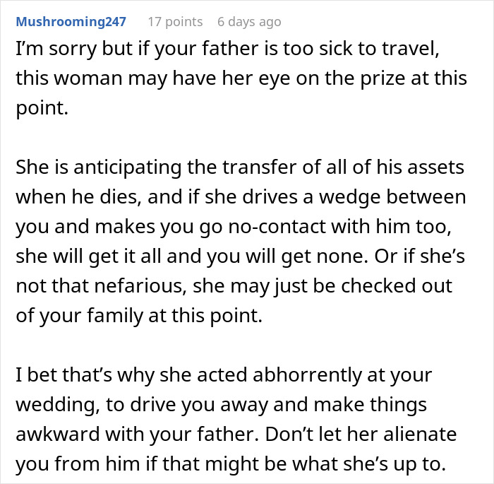 Advice on groom's stepmom possibly aiming to inherit family assets amid wedding drama