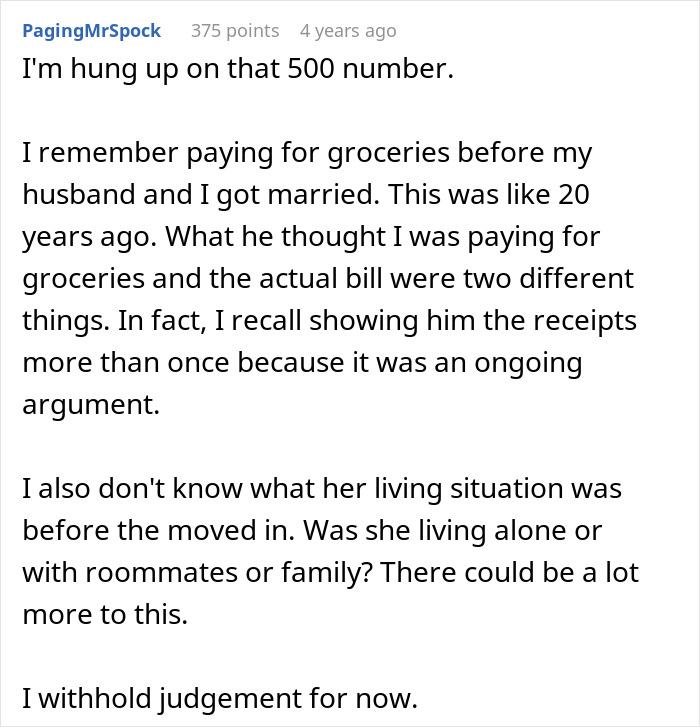 Reddit comment about a couple fights over actual grocery bills and showing receipts. Reddit comment about a couple fights over actual grocery bills and showing receipts.