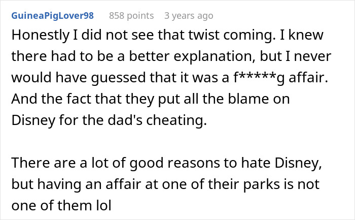 A screenshot of a social media comment expressing surprise over a twist about parents, an affair, and Disneyland A screenshot of a social media comment expressing surprise over a twist about parents, an affair, and Disneyland