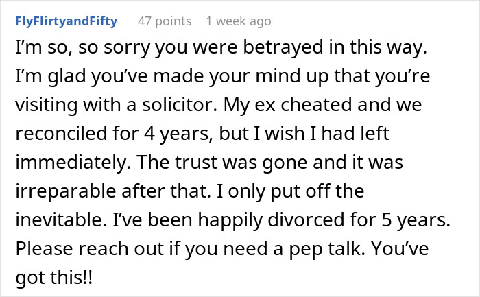 Comment expressing sympathy and advice for woman betrayed by husband's dating app